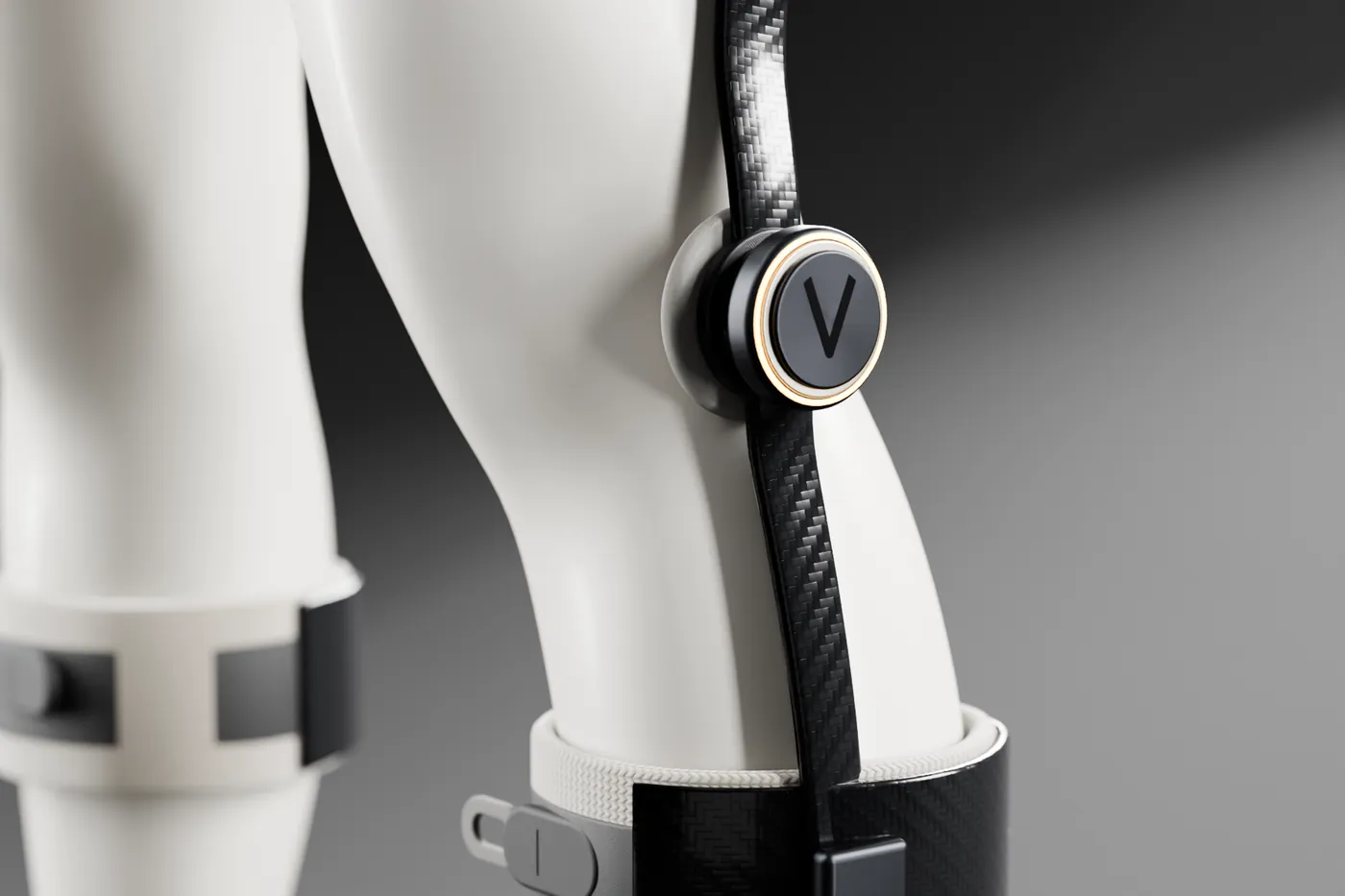 Close-up of the Veema knee joint and carbon thigh link on the display mannequin