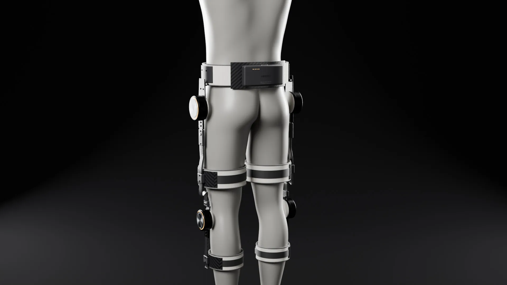 The Veema exo from behind on a display mannequin: knit belt with the battery, hip joints, carbon struts and cuffs