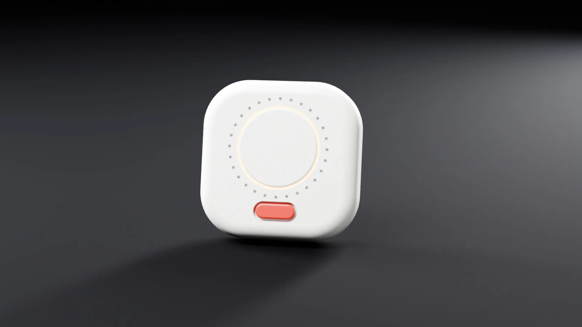 The voice companion: a white rounded square with an amber ring and a red SOS button