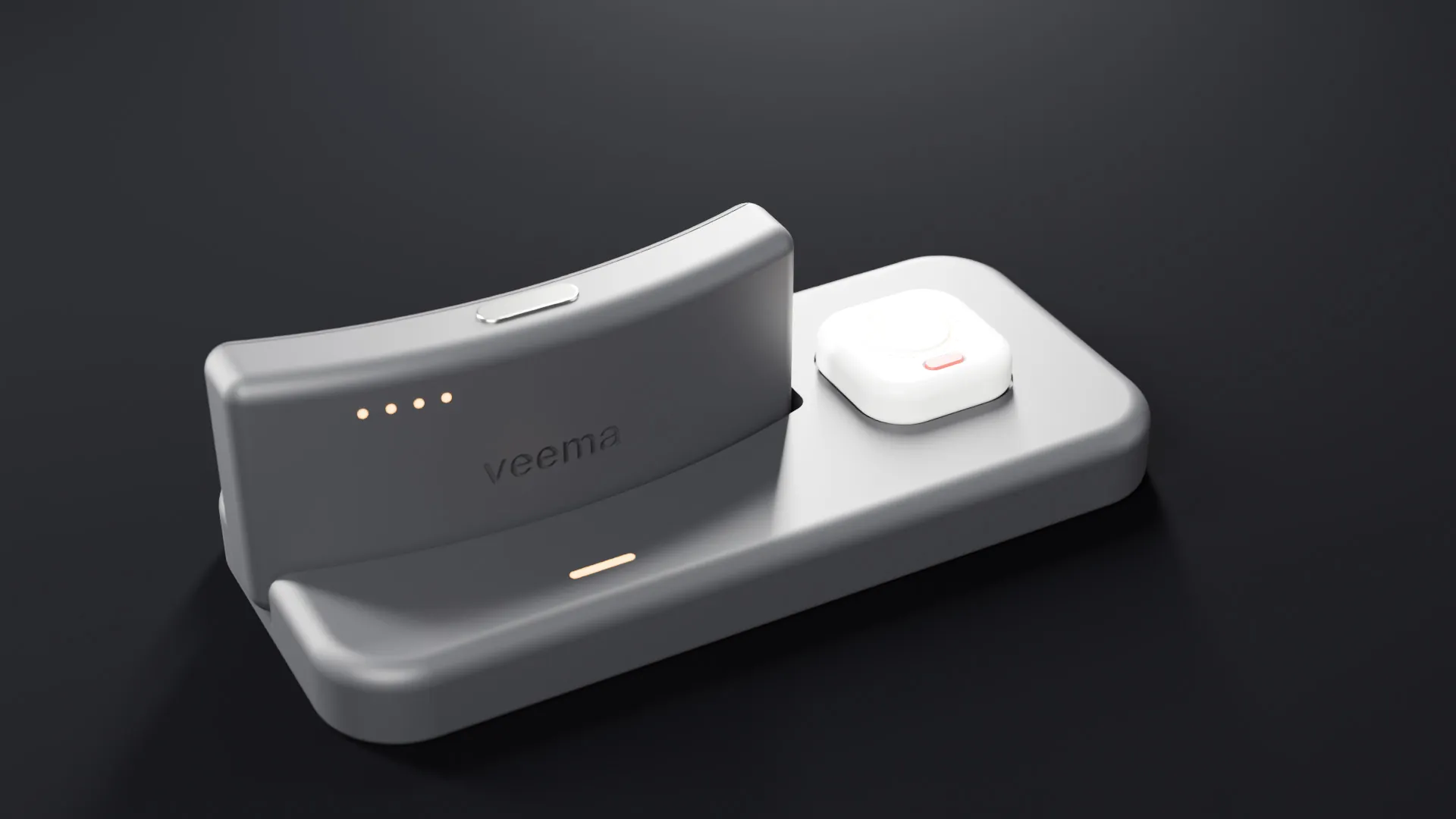 The nightstand dock with the battery standing in its bay and the companion on its pad