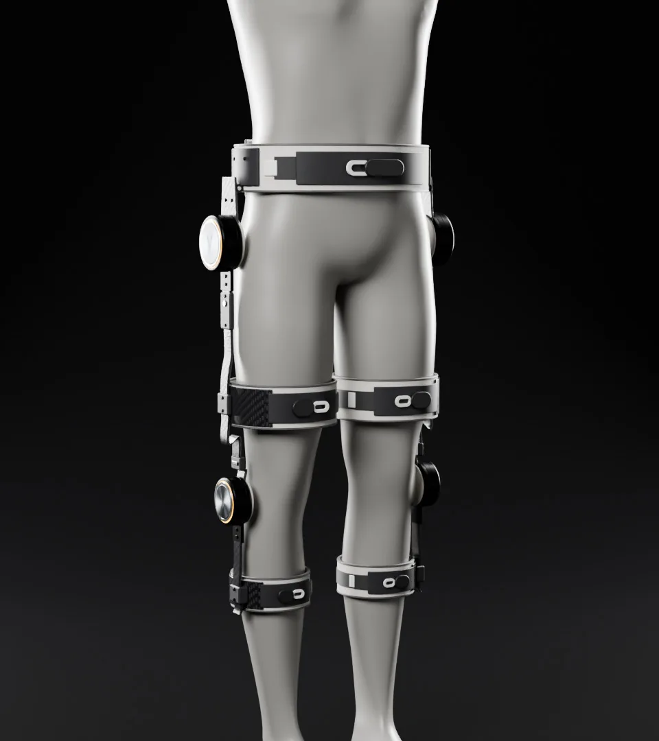 Veema Exo in the hip and knee configuration on a display mannequin
