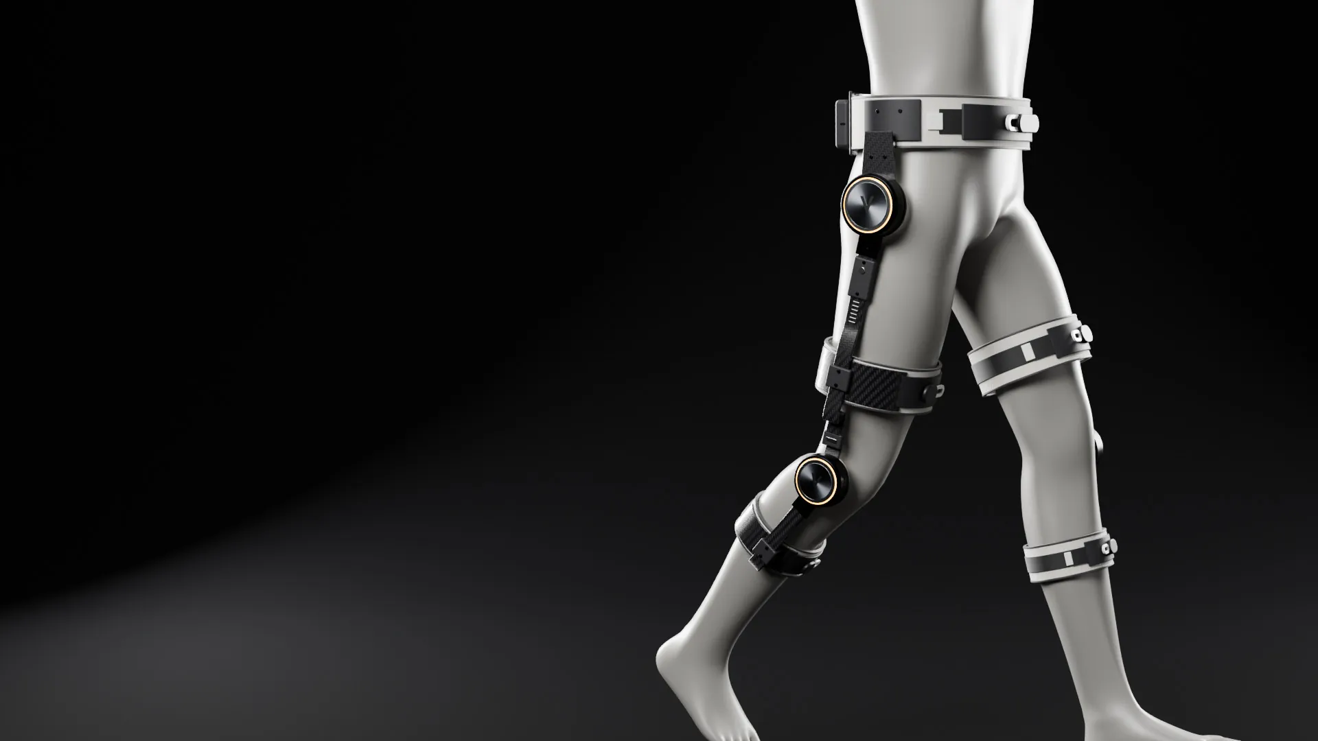 The Veema exo on a mannequin mid-stride, side view, with the amber rings on the hip and knee joints